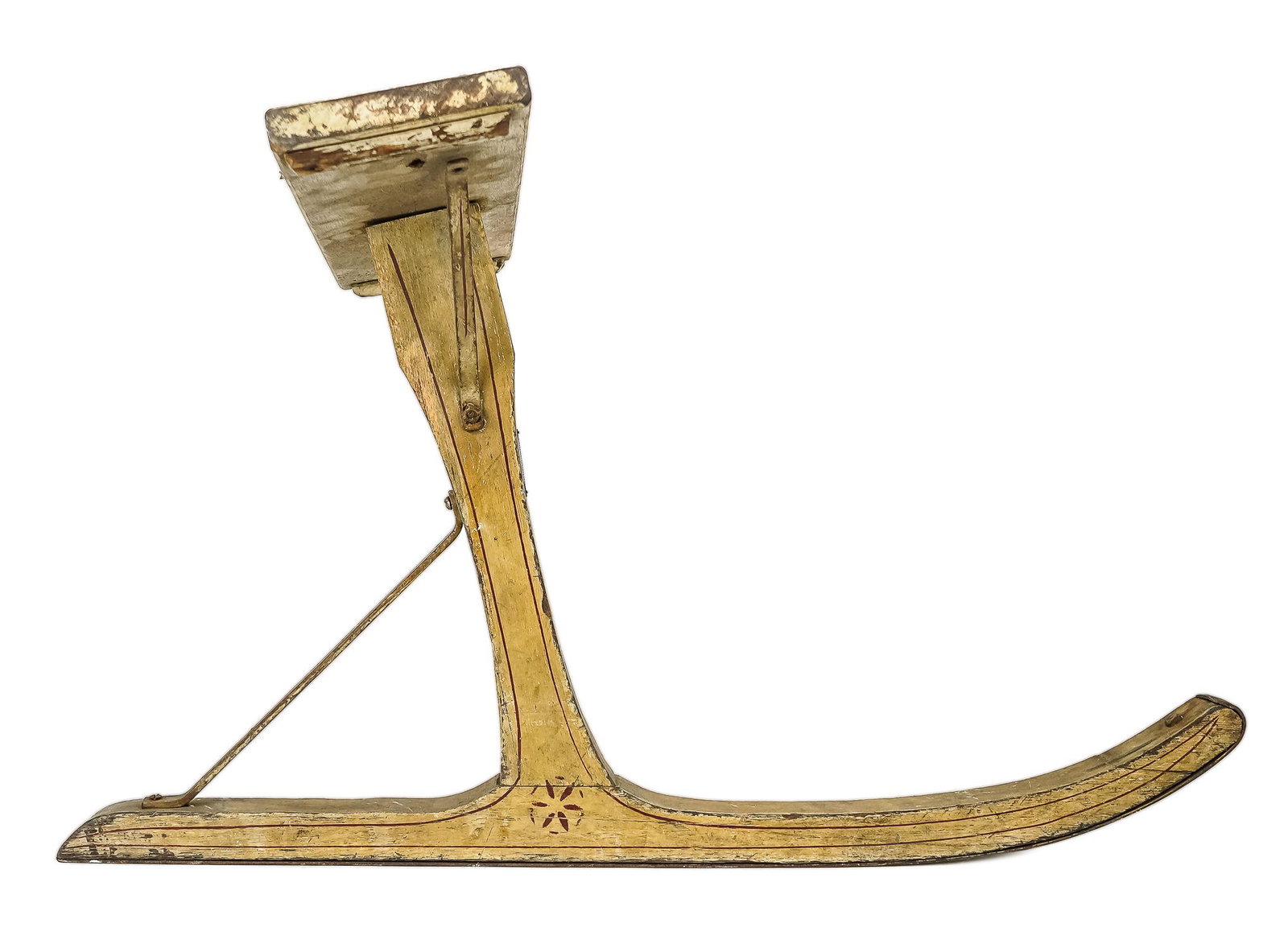 Early 20th c Signed Pritchard Jack Jumper: Early 20th c W H Pritchard, Adams, Massachusetts signed Jack Jumper in original paint and pinstripe decoration, decal, ski length 31", seat ht 18 1/2"