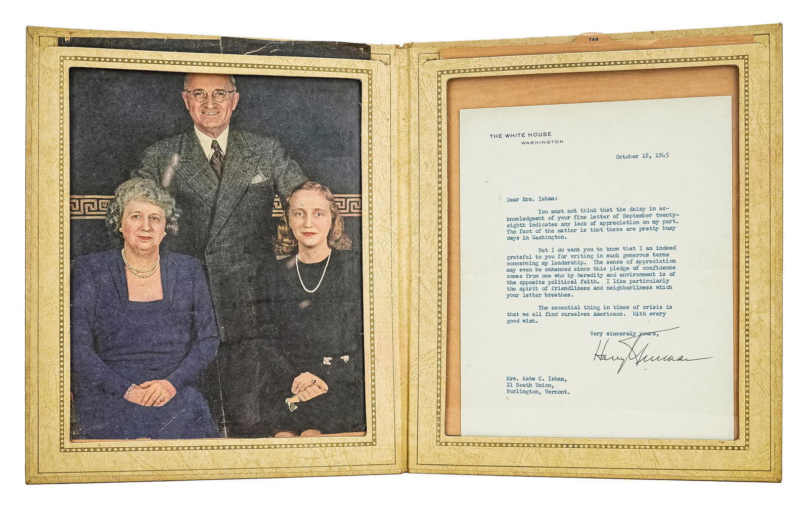 Harry Truman TLS to Kate Isham 1945 (1 of 2)