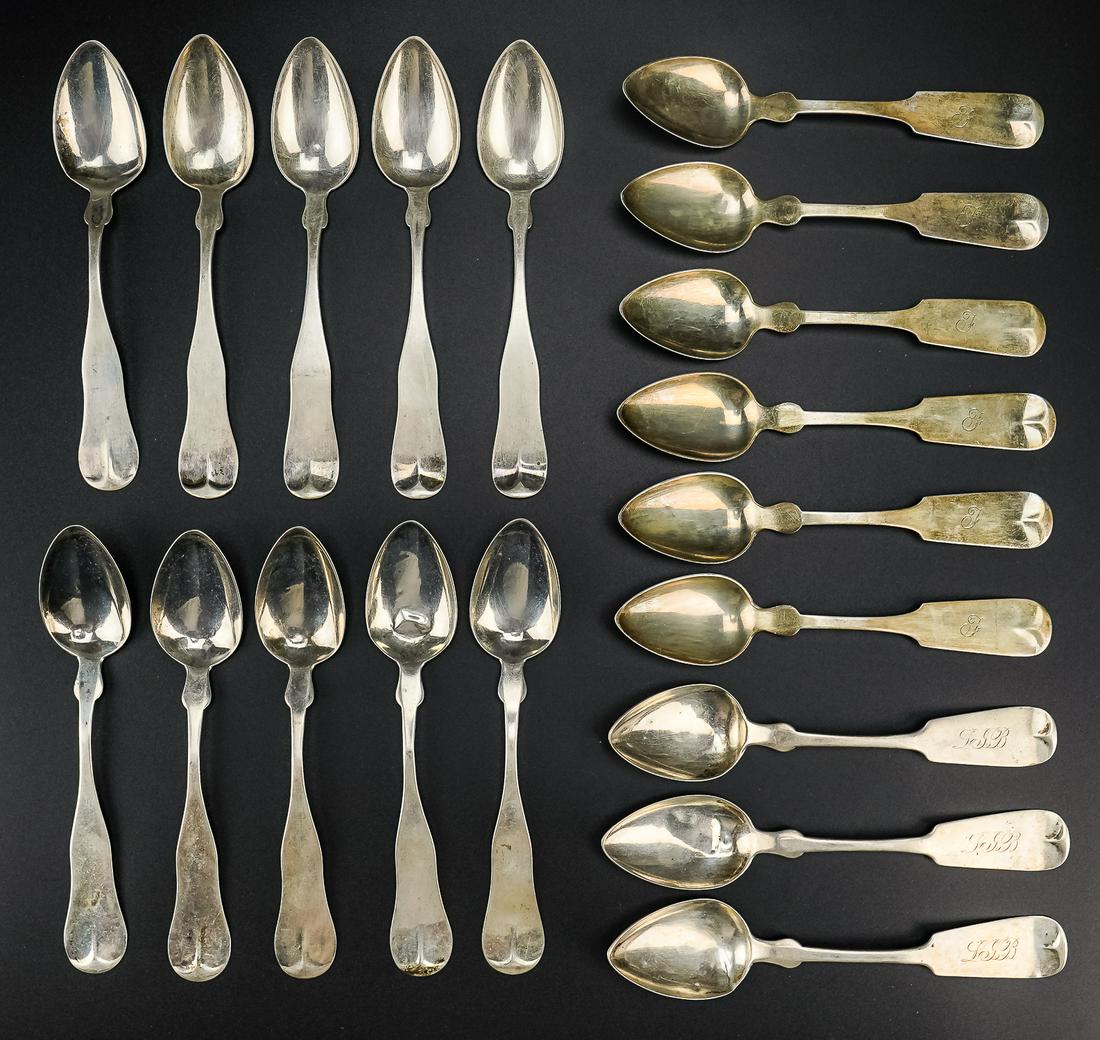 19 early American Coin Silver Teaspoons: Collection of 19 early American coin silver teaspoons including 6 Newell Harding and Co. Boston, 6 "Dollars - R&C 5 or 8", 3 M.F. & C.H.S., and 4 Lewis Kimball Buffalo, NY 9.8 troy oz.