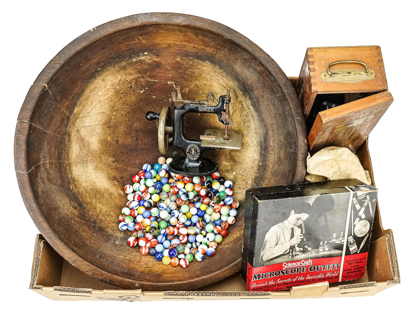 Early Wooden Bowl, Marbles, Toys (1 of 1)