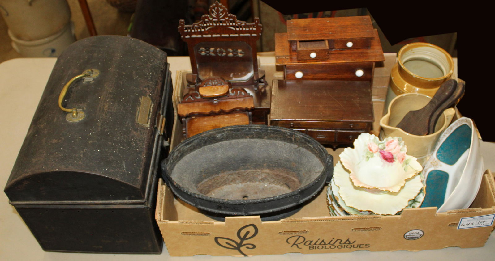 Minature Doll Furniture, Country Smalls, China: Estate lot including 4 pcs of handmade doll furnture (lowboy, bureau, sideboard and mirrored dresser), stoneware jar and yelloware pitcher butterworking tools, set of holly berry decorated Limoges sid