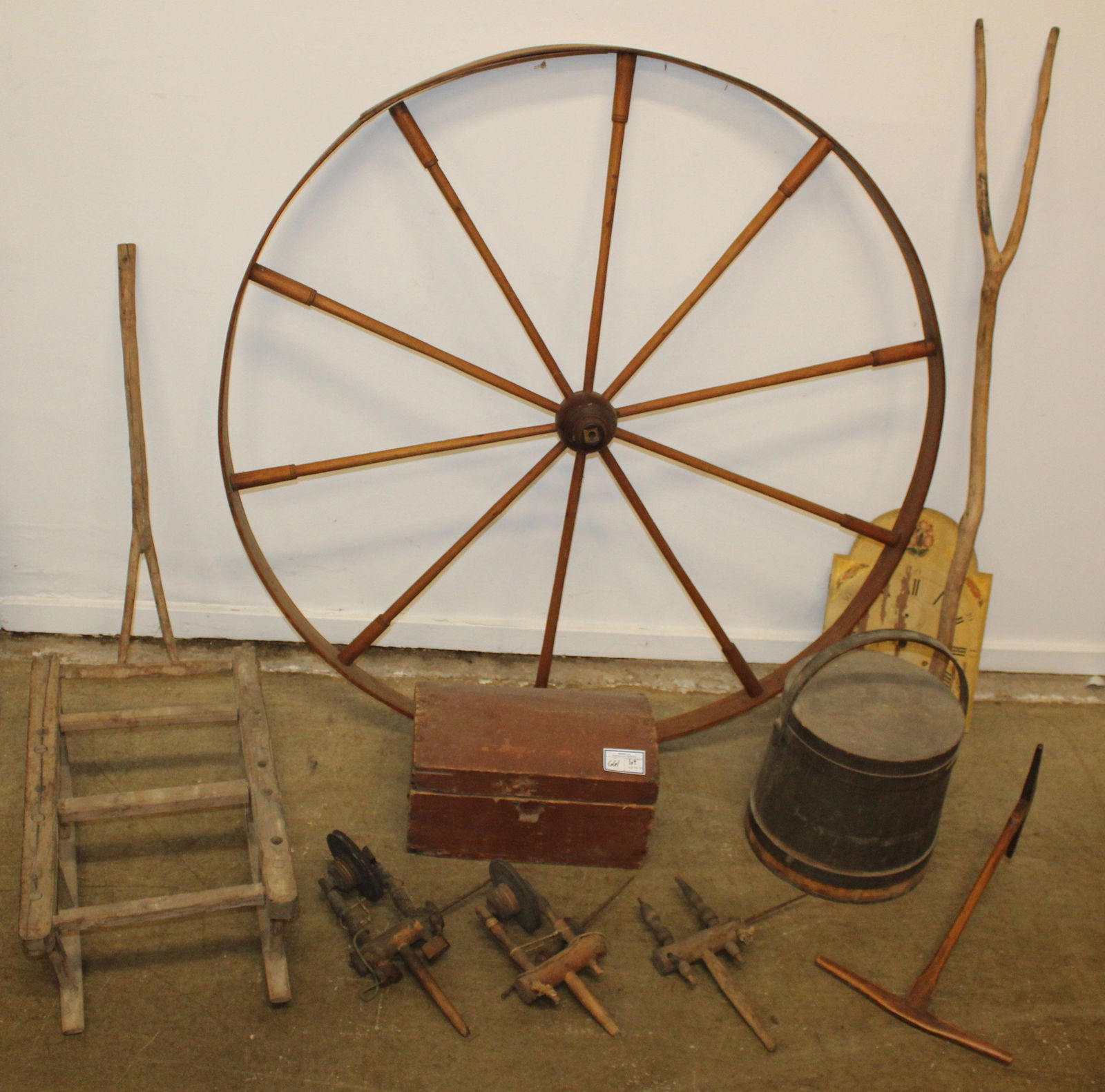 Primitive Sled, Firkin, Box, Spinning Wheel Parts