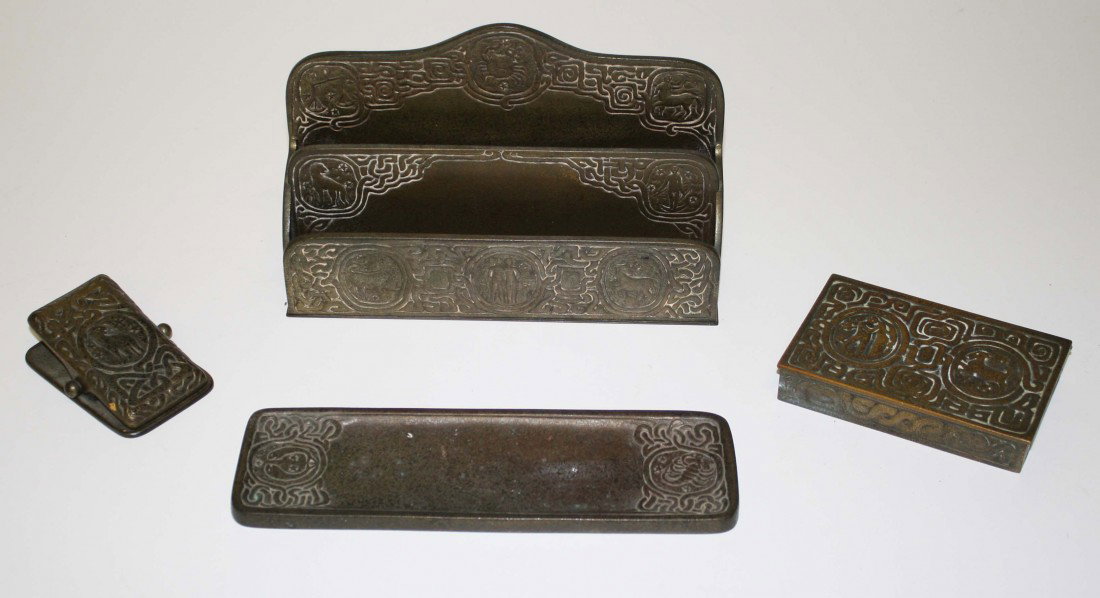 Tiffany Studios Zodiac pattern letter holder box cl: Tiffany Studios Zodiac pattern letter holder box clip & pen tray