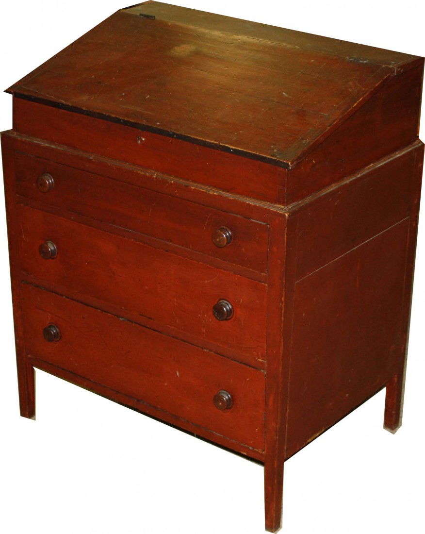 Ohio Shaker slant lid dovetailed 3 dwr desk on tapered: 1830s Ohio Shaker slant lid dovetailed 3 dwr desk on tapered legs flat panel lower case in red paint