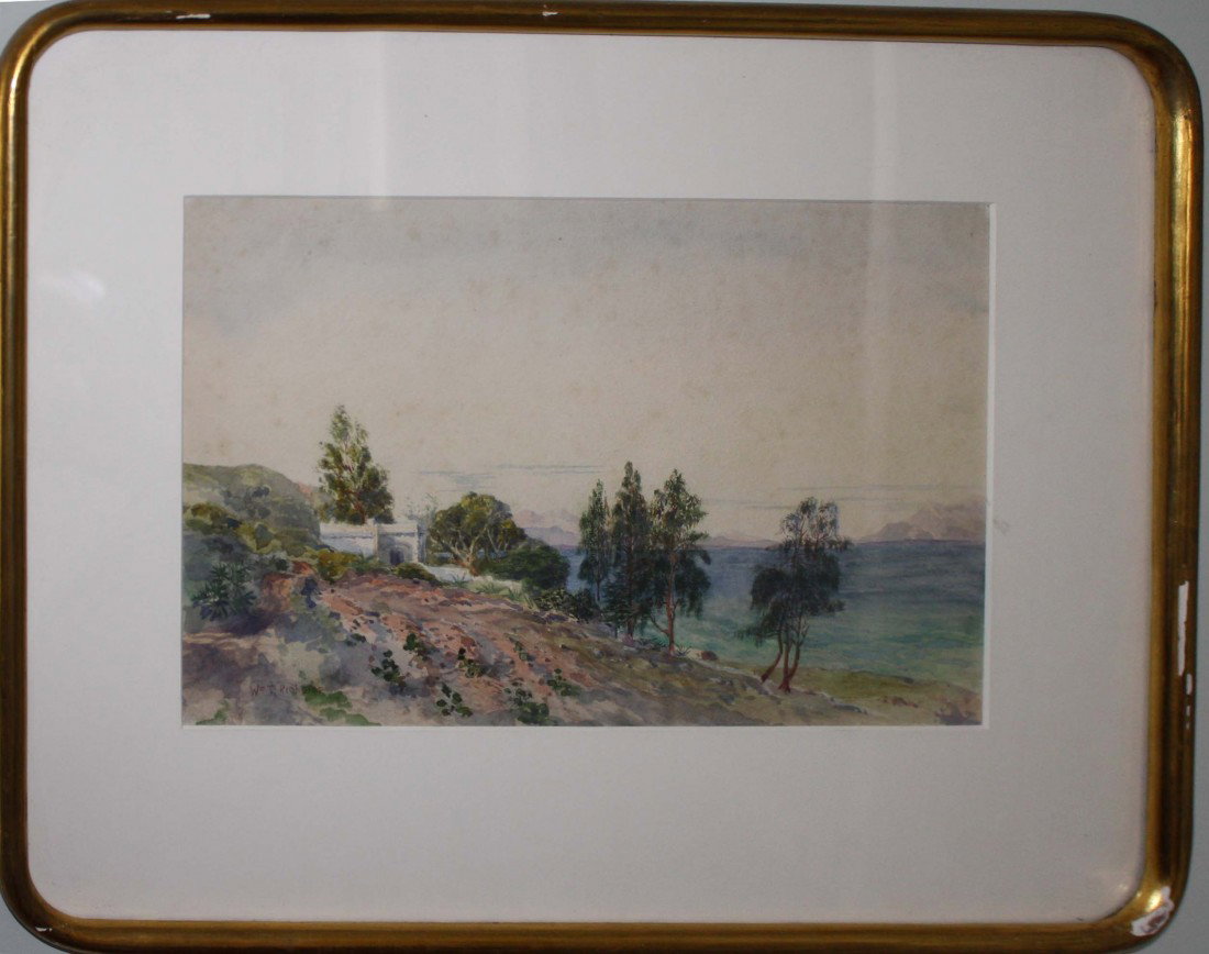 William Trost Richards signed w/c Mountains and Coa: William Trost Richards signed w/c Mountains and Coastal Villa (AM 1833-1905) 10 x 14 inches