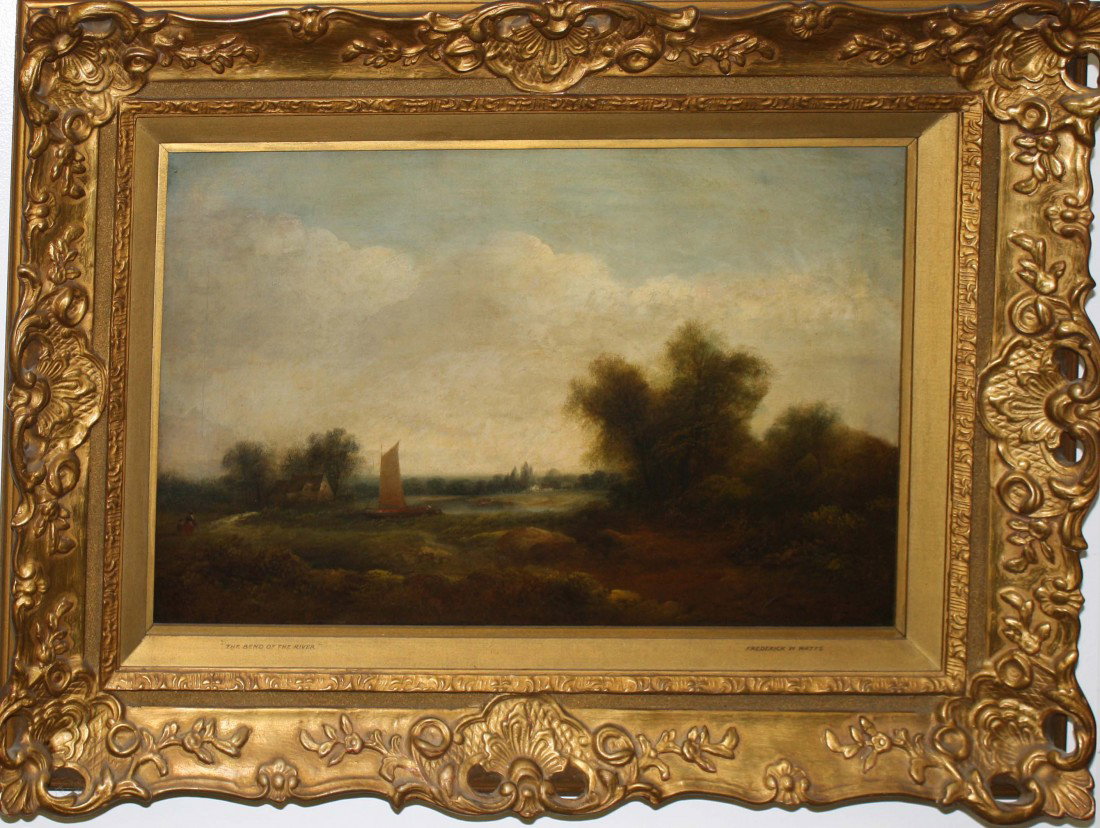 Fredrick Waters Watts signed o/c landscape The Ben: Fredrick Waters Watts signed o/c landscape The Bend of The River (UK 1800-1862) 13 x 20 inches