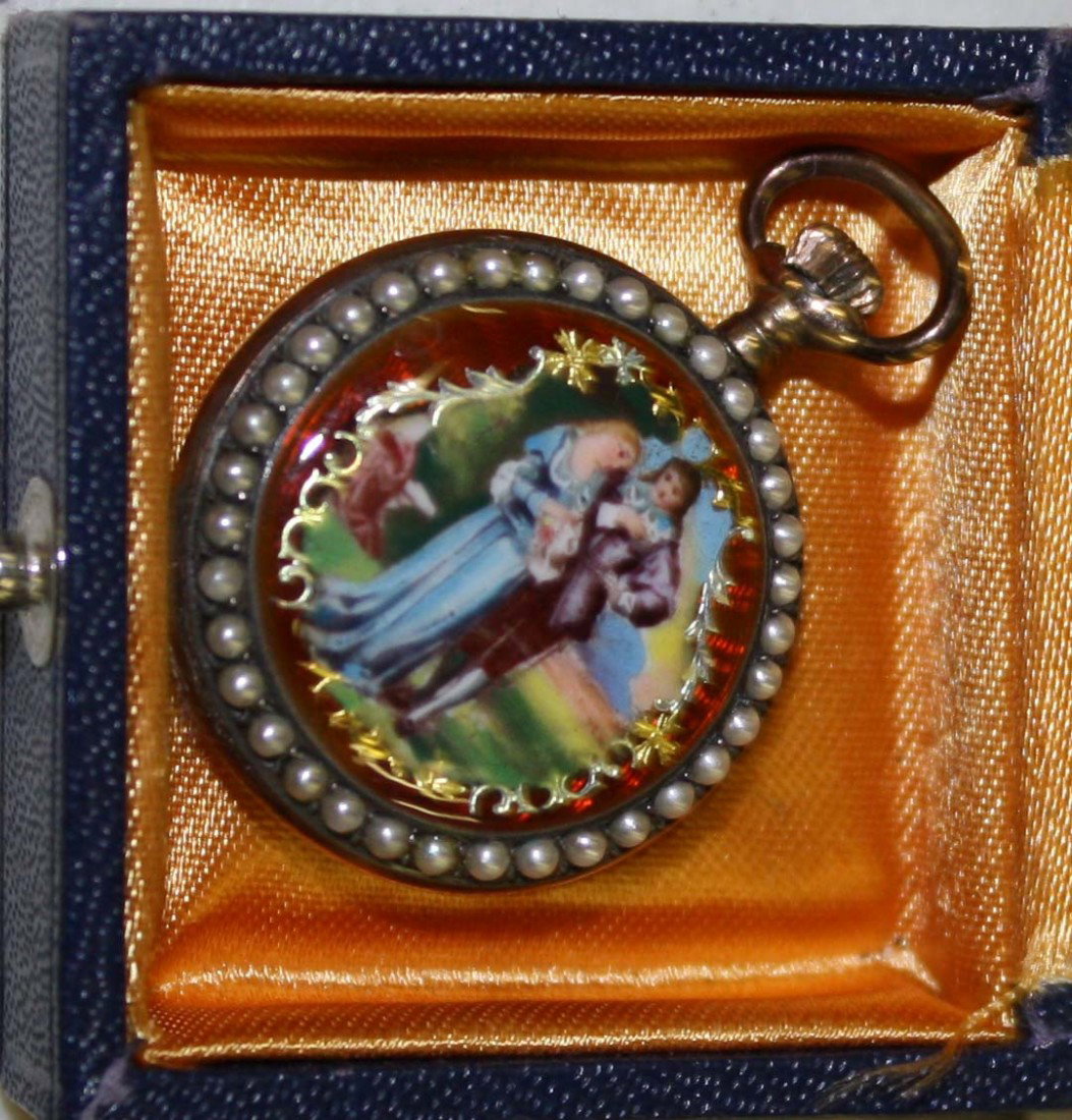 French seed pearl and enamel romantic scene pocket: French seed pearl and enamel romantic scene pocket watch