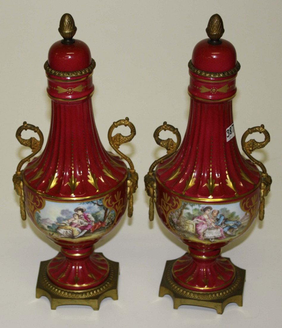 pr of gilt ormolu mounted china vases: pr of gilt ormolu mounted china vases
