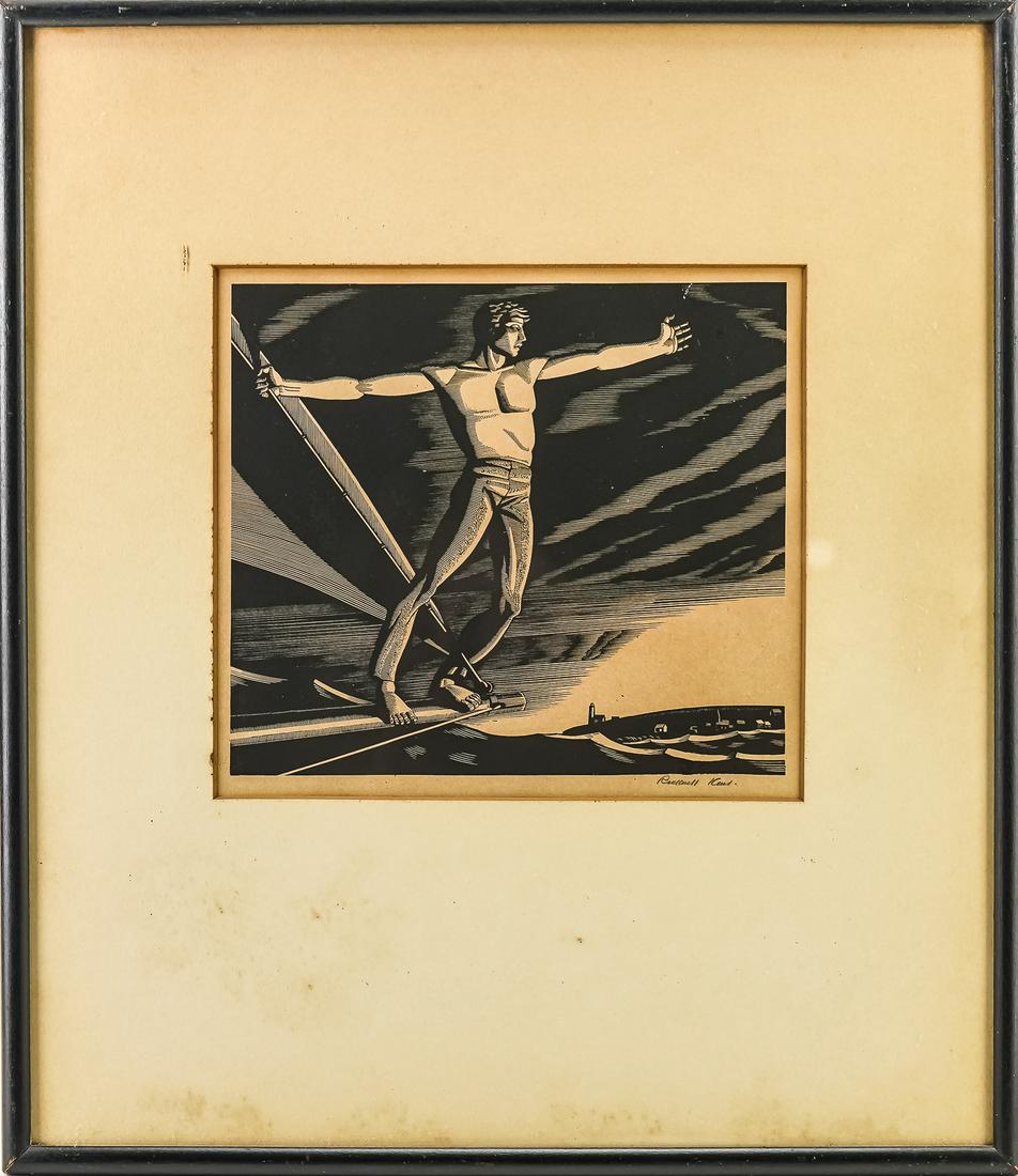 Rockwell Kent "Home Port": Rockwell Kent (NY 1882-1971) "Home Port" 1931 black and white print depicting male figure on mast of ship. Woodcut engraving, signed lower right, edition of 150, not numbered. Frame 15.5"x13.5", print