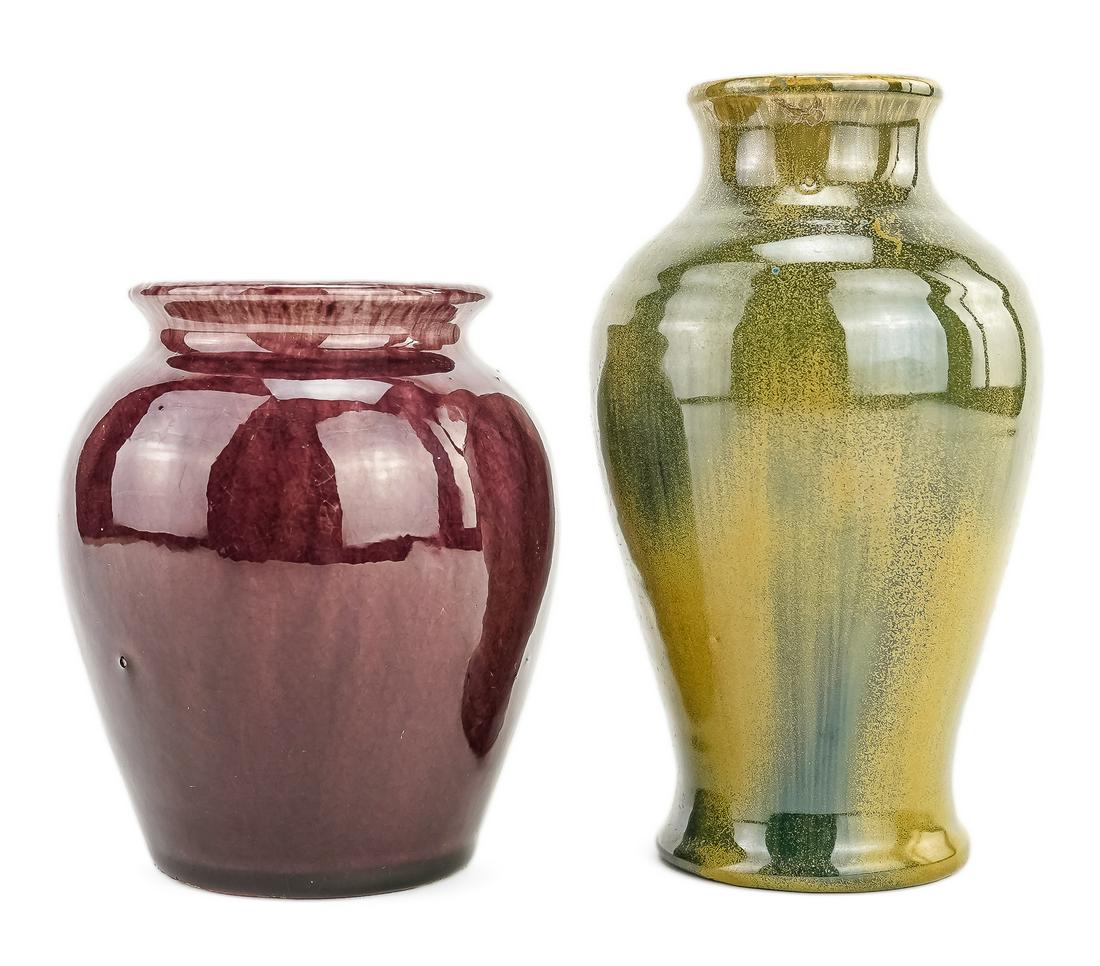 Two Pisgah Forest Art Pottery Vases: Two Pisgah Forest North Carolina art pottery vases, one in baluster form with green and blue crystalline glaze, the other in squat bulbous form with mulberry flambe glaze (has check near bottom rim) 8