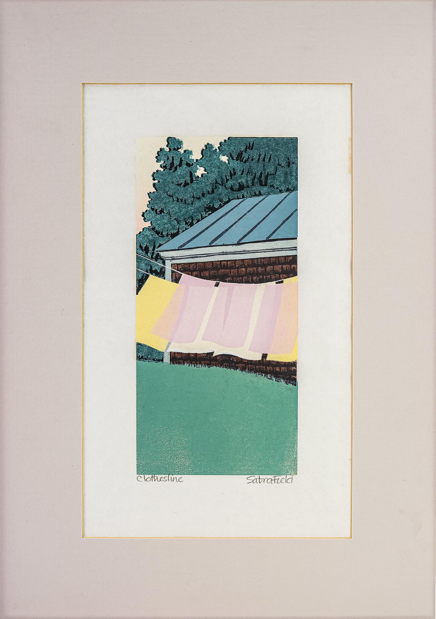 Sabra Field "Clothesline": Sabra Field (VT 1935-) "Clothesline" color print depicting multi colored sheets on clothesline in front of house. Woodblock print on paper, matted, unframed, signed lower right. Print 11"x 5", mat 19.
