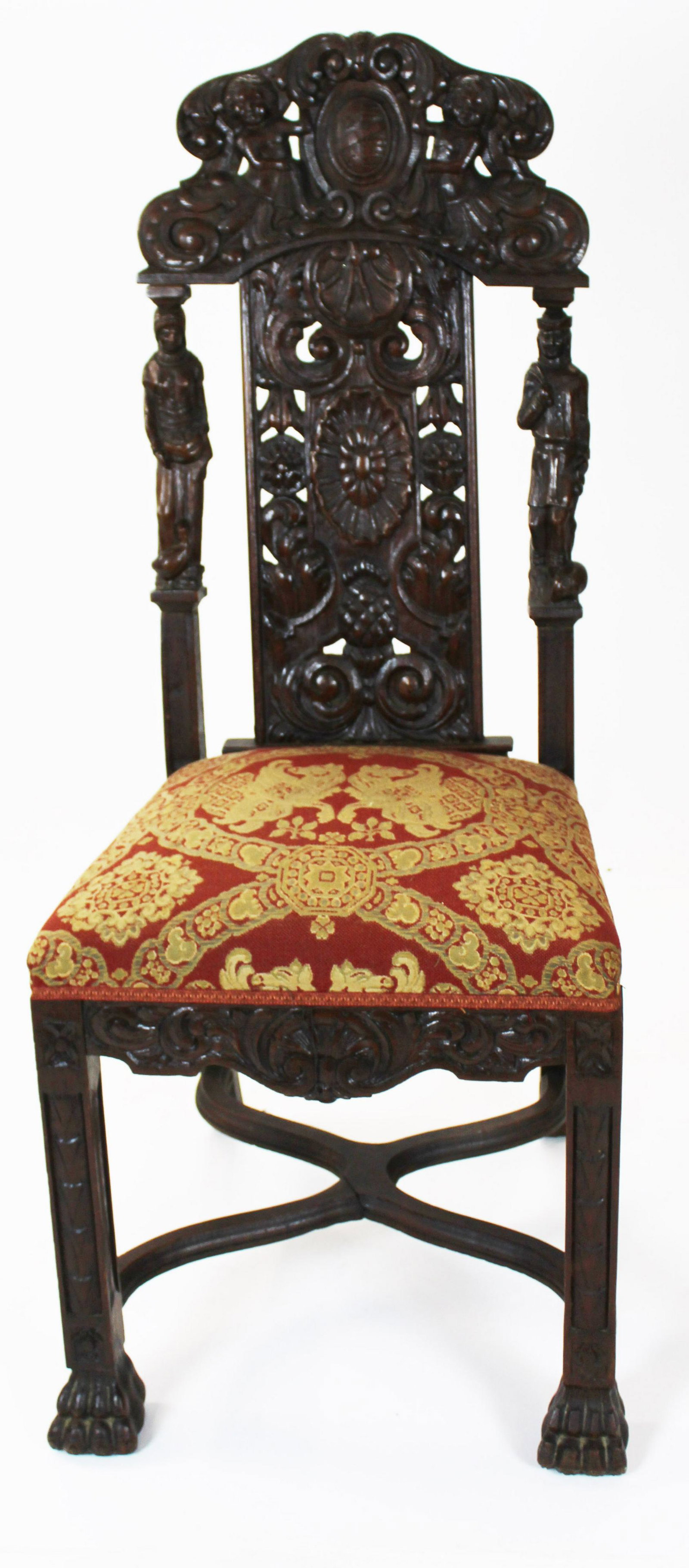 19th c Renaissance Revival Side Chair: late 19th c oak Renaissance Revival side chair. Carved with full figures, shells, crest, mermaids, pineapple, & claw feet.