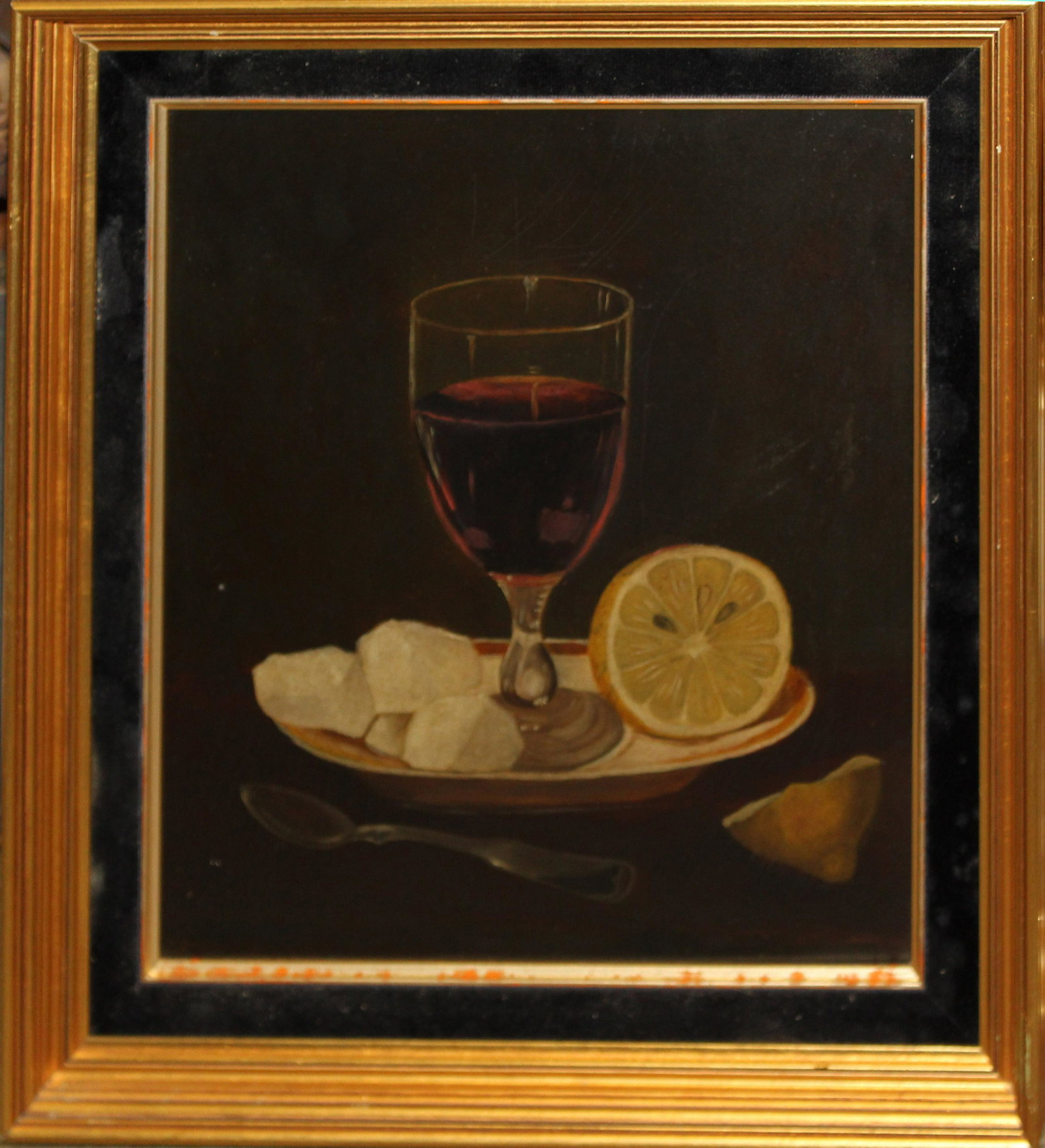 unsigned 19th c Still Life with Wine and Lemon: 19th c still life with wine - oil on board unsigned. 11 x 13" 16 x 18" as framed.