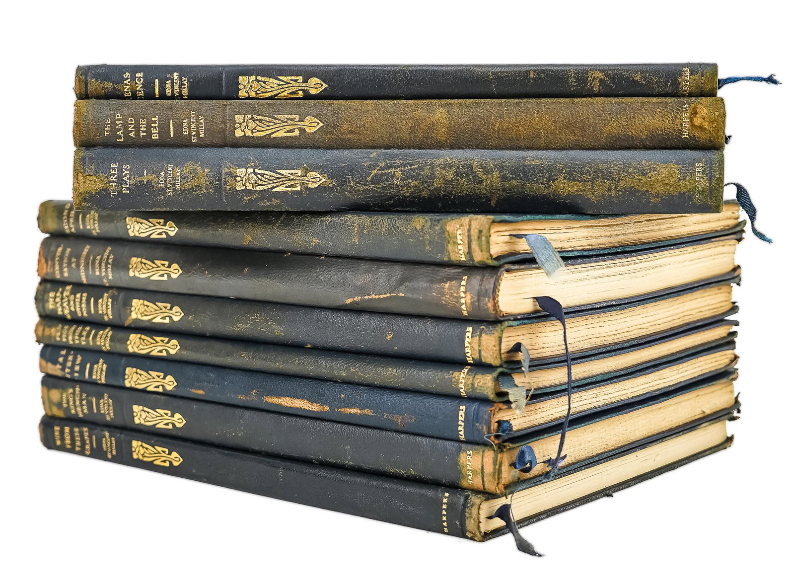 Edna St Vincent Millay Poetry, Plays: Edna St Vincent Millay (American Poet and Playwright 1892-1950) poetry and plays (10 vols), all with dark blue limp leather with matching gilt embossed decoration, includes several first editions- 192