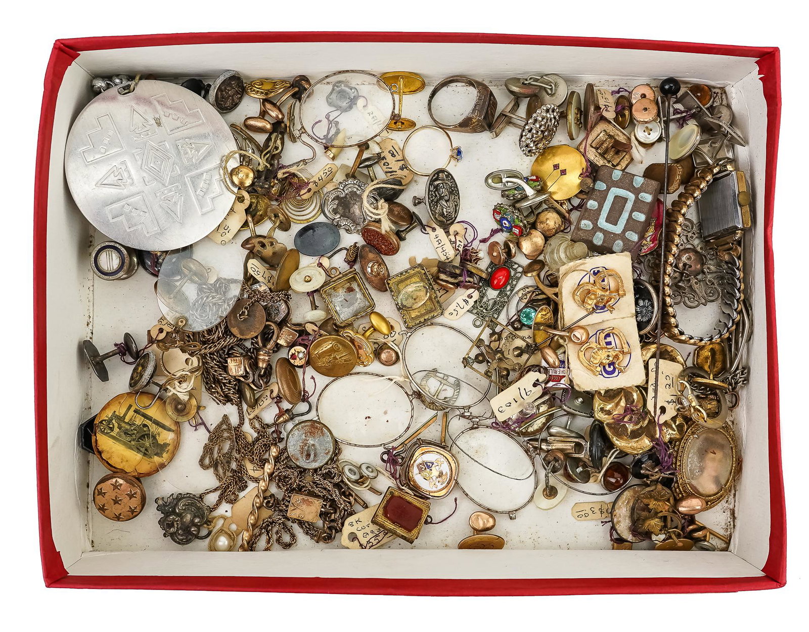 Group of Victorian Jewelry: Box of odd Victorian jewelry including rolled gold, cufflinks, watch chains, thobs, and more.