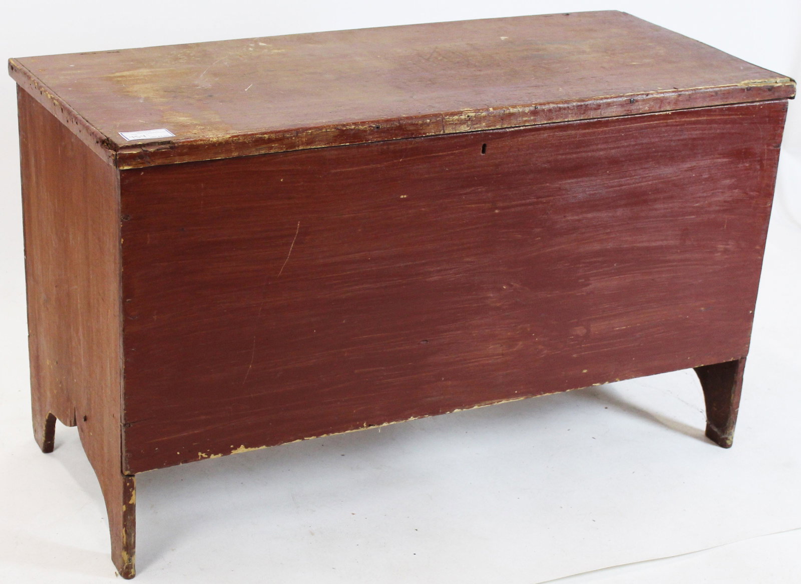 Lift Top Blanket Chest in Old Red: 19th c lift top blanket chest in old red paint with boot jack base. Age appropriate wear. 42" w, 25" h, 19" d.