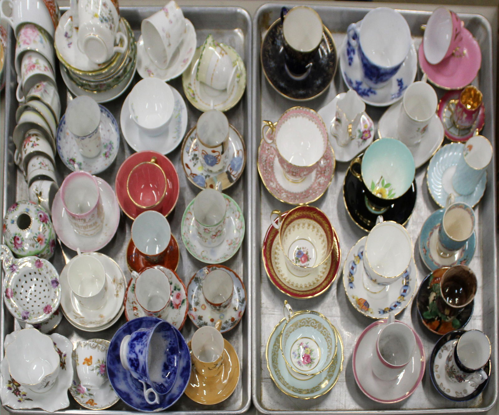 Collection of 30 Porcelain Tea Cups and Saucers: Collection of 30 porcelain tea cups and saucers including Aynsley, Paragon, Royal Crown Staffordshire, coronation commemoratives, Japanese makers, etc.