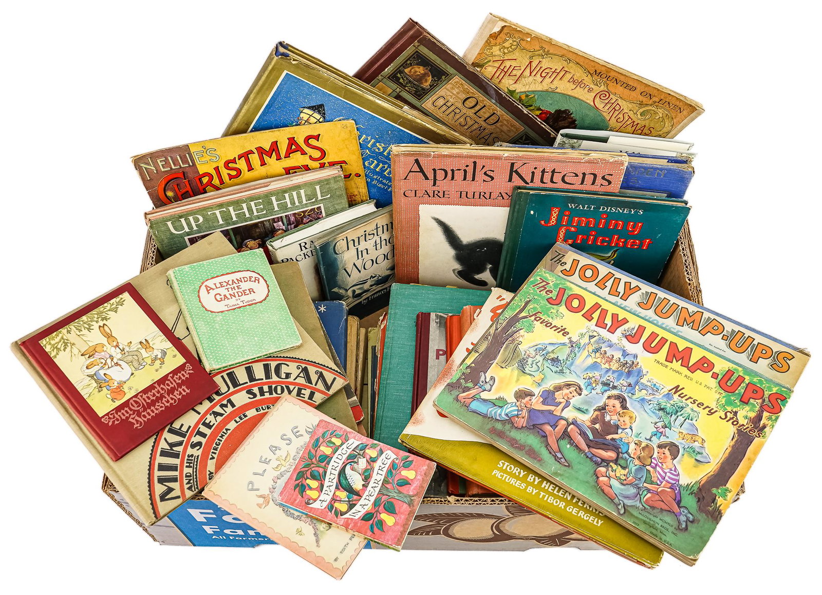 Early 20th c Children's Illustrated Books: Early 20th c children's illustrated books (45 pcs) including Tasha Tudor illus, Jolly Jump Ups, Disney, Mike Mulligan, etc