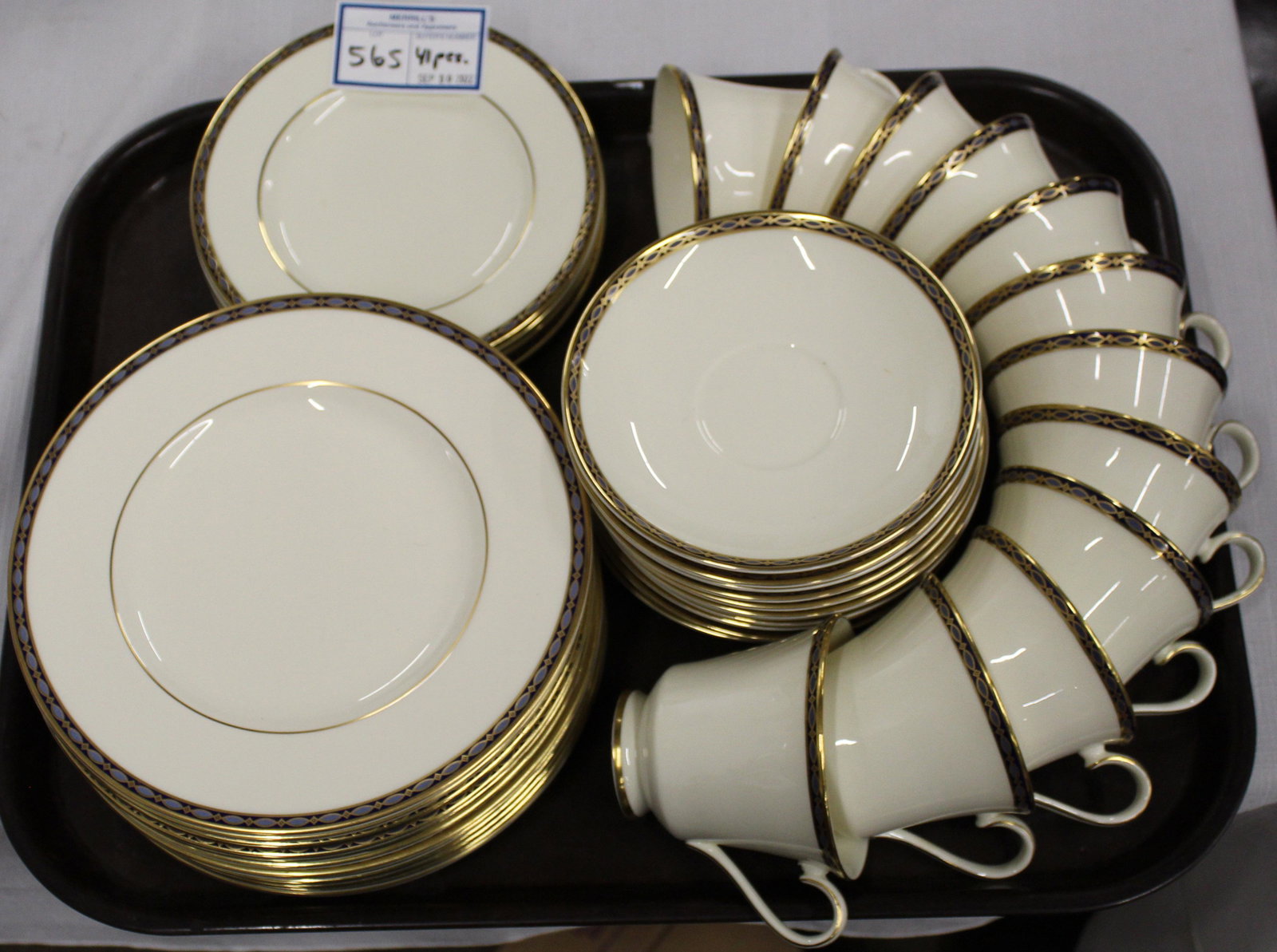 41 pc. Minton St. James Luncheon Set: 41 pc. Minton "St. James" pattern fine English bone china porcelain luncheon set having cobalt and gold band borders, including 12 cups, 12 saucers, 12 salad or luncheon plates, and 5 side plates
