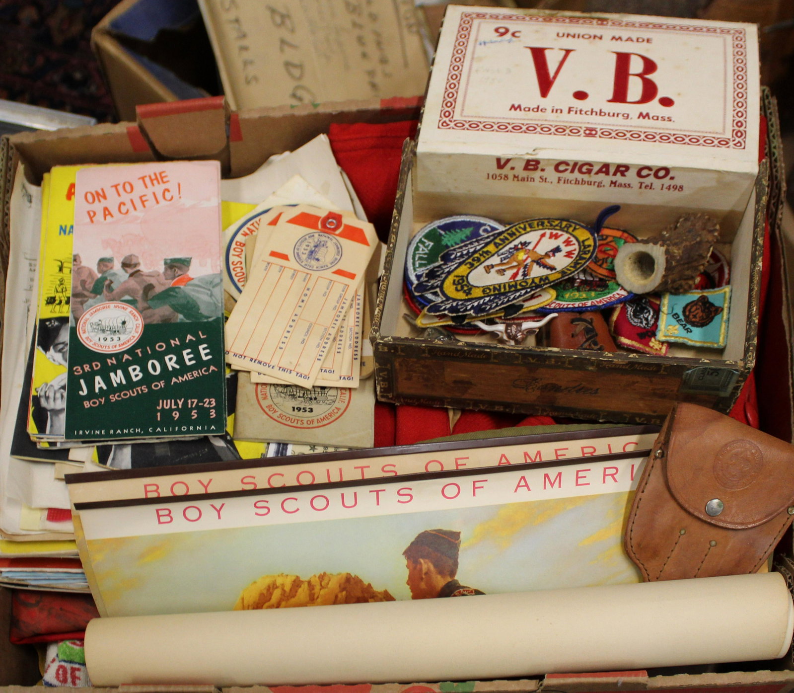Vintage Scouting BSA Material, Calendars: Ca Early 1950's vintage Scouting BSA materials, including Explorer jacket, two Norman Rockwell Philmont calendars, patches, badges, paper,