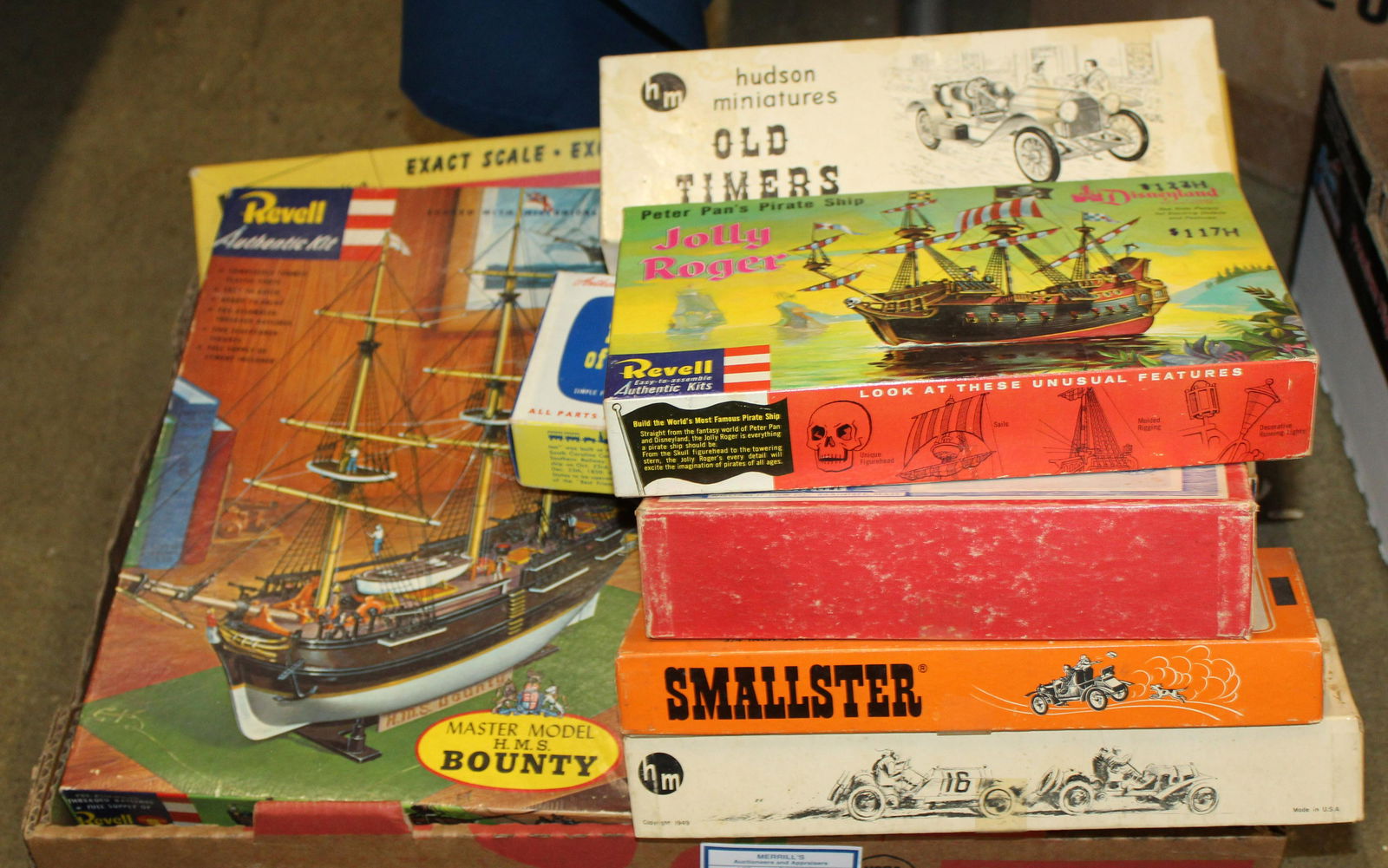 Vintage 1960's Old Timer, Train, & Ship Model Kits: Vintage 1960's Old Timer, train, & ship models, including HO scale, Revell Disneyland Peter Pan's Pirate ship Jolly Roger, Master Model HMS Bounty