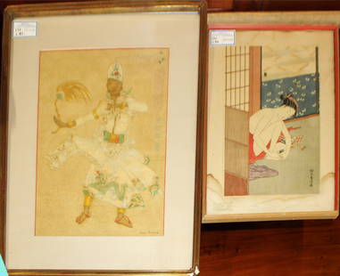 Two Asian Artworks: Two pieces: Suzuki Harunobu Japanese woodblock print of woman cutting toenails, some staining of mat, along with painting of Chinese dancer, signed. 13.5"x18.5" and 19.5"x24"