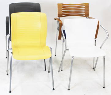 Four Circa 1999 Fritz Hansen Designer Chairs.: Four Fritz Hansen Designer Chairs, Two Alfred Homann cast plastic seat chairs, Vico Magistretti chair in bent plywood, and a Kasper Salto all in good condition.