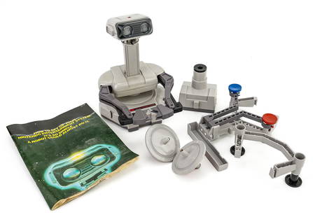 R.O.B. Nintendo Robotic Operating Buddy NES Accessory: ROB the Robot, vintage Nintendo Entertainment System accessory, includes original Gyros, gyro spinner, original NES deluxe set box and manual. NES and zapper, gyromite cartridge not included. Water da