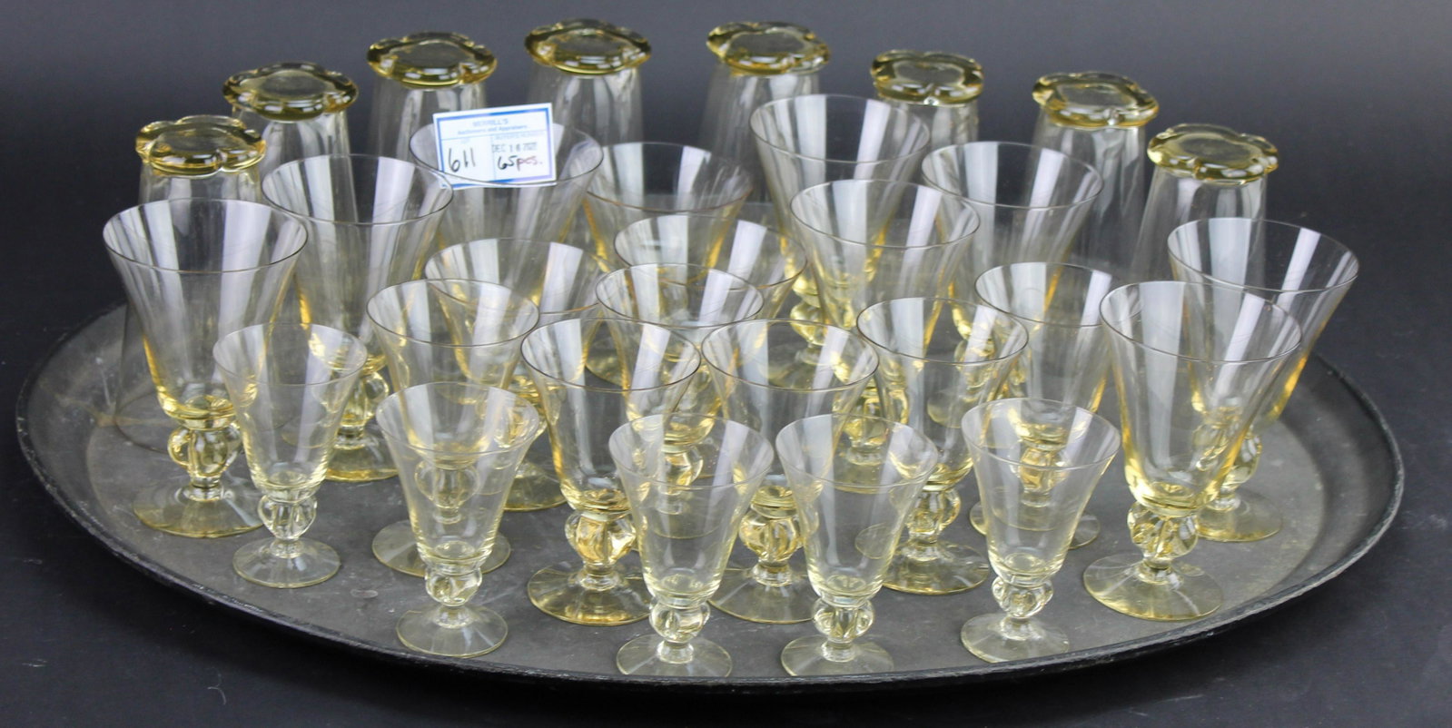 65 pcs. Astrid Swedish Crystal Stemware: 65 pcs. Astrid Swedish mid century hand blown crystal stemware with 4 lobed stems and bases, including tumblers, water glasses, wine goblets, apertifs and cordials, some items with rim nicks, overall 