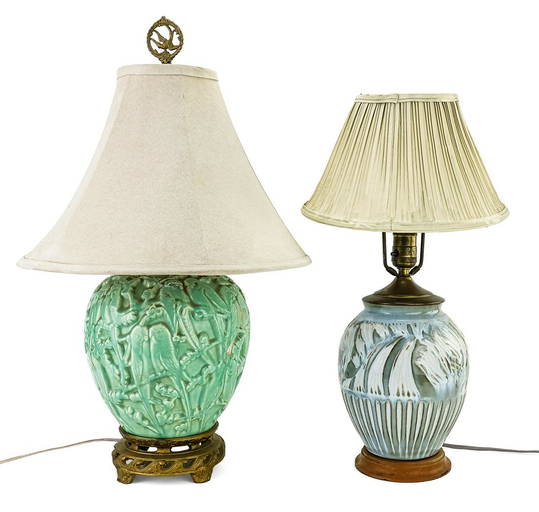 2 Vintage 1940s Art Deco Pottery Table Lamps