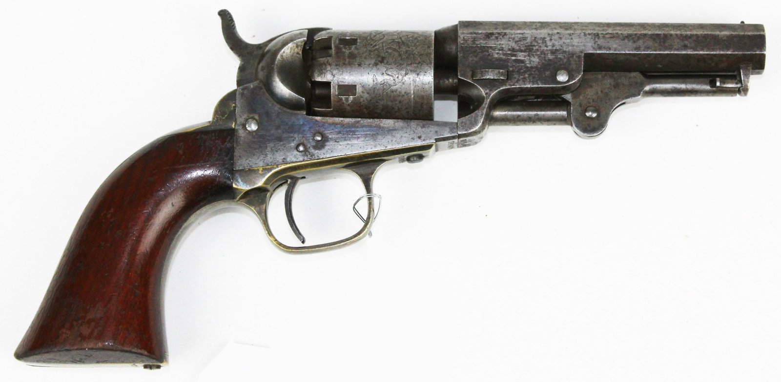Civil War era Colt Model 1849 Pocket Revolver in .31 Cal.: Colt Model 1849 Pocket Revolver in .31 Cal with 6 round "Stagecoach" Cylinder 4"Barrel marked with " Address Col SamL Colt New-York US America" Serial Number 190145 (1861 Mfg) retaining traces of orig