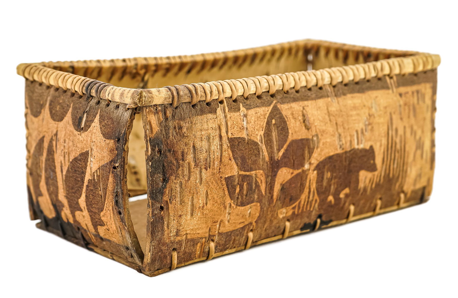 Late 19th c Northeast Birchbark Box: Late 19th c Northeast Woodlands birchbark box decorated with a bear, one corner missing lashings, some wrap on rim missing. 5" x 9" x 3 3/4"