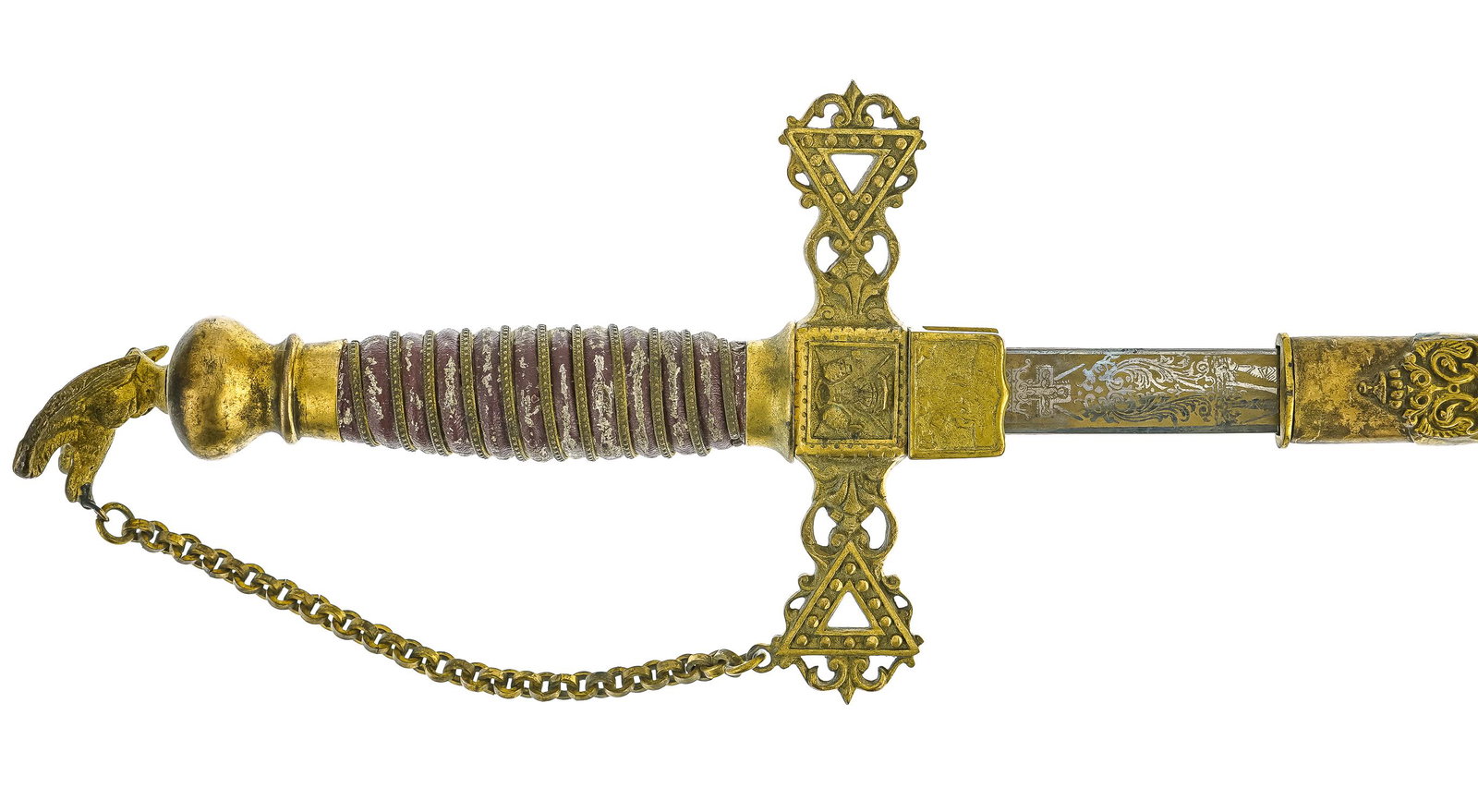Late 19th c Knights of the Golden Eagle Sword: Late 19th c Masonic/ Fraternal type Knights of the Golden Eagle sword, engraved "F W Obernier (Frank W Obernier) Knights Golden Eagle", blade marked "Jas Luker, NY", mounts cast in high relief, blade 
