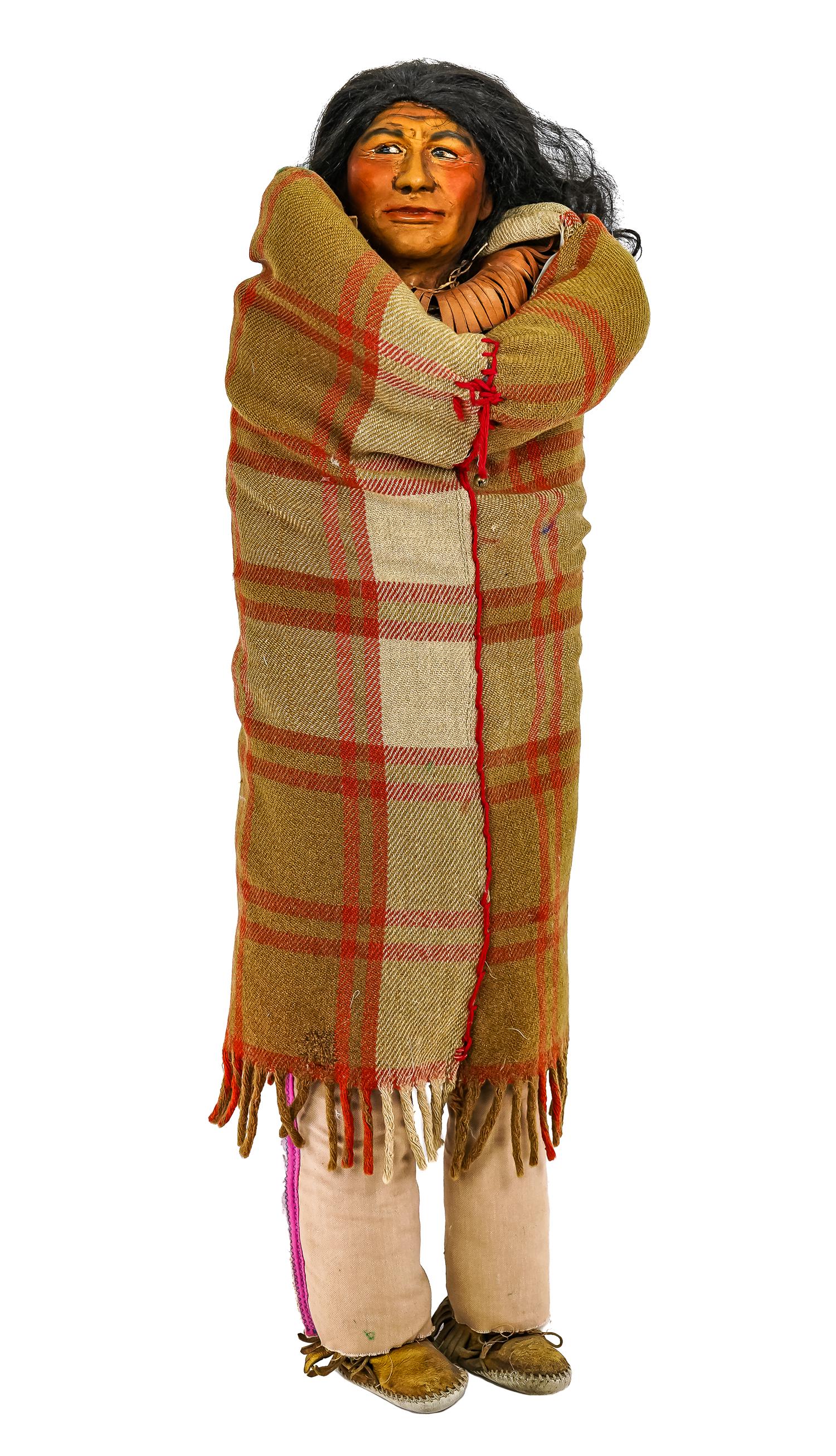 Skookum Indian Doll Store Display: Skookum Indian doll store display figure, not original, restorations, and later repairs, ht 39"