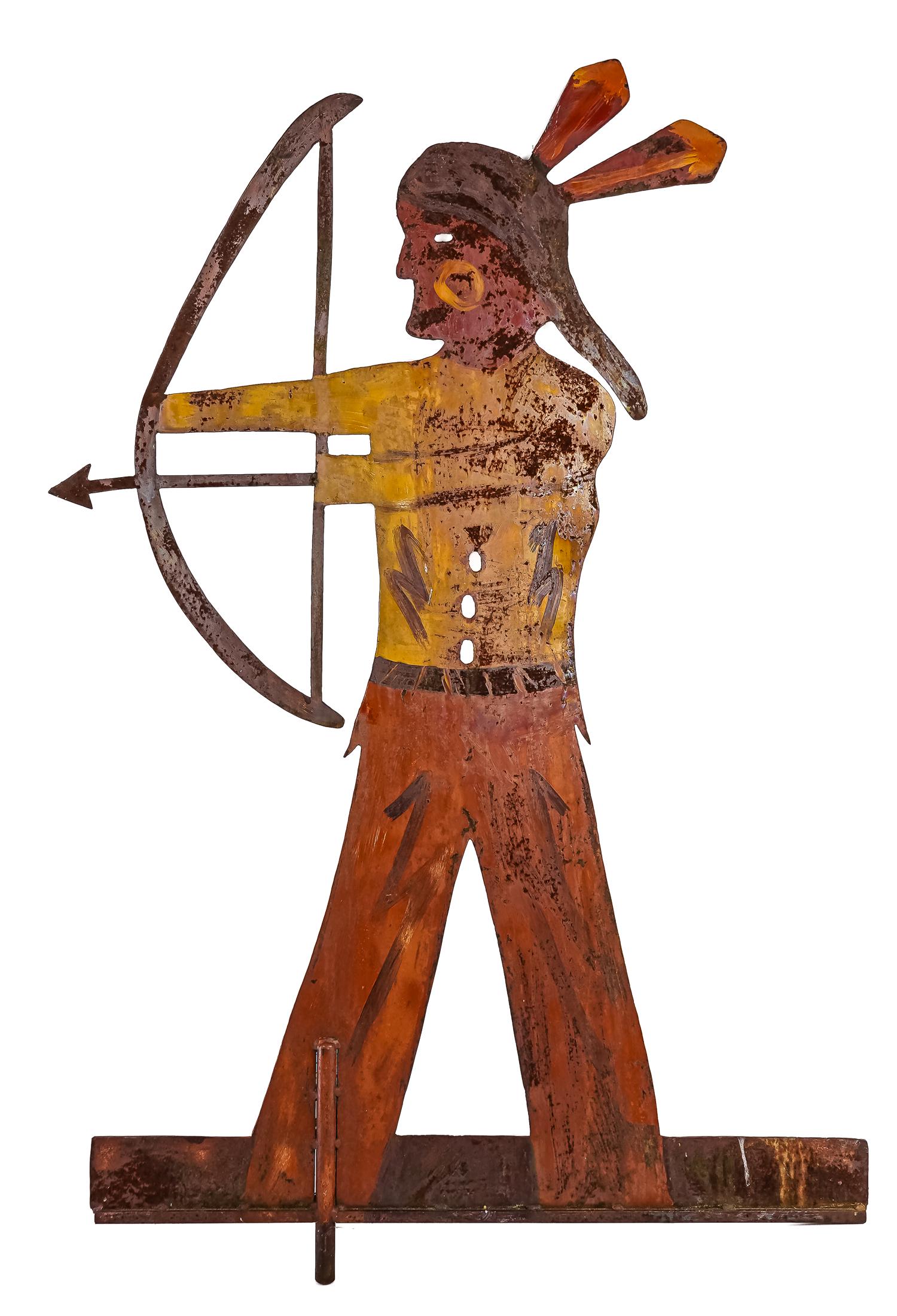 20th c Sheet Iron Indian Weathervane: Mid 20th c sheet iron weathervane, Native American Indian with bow and arrow, oxidized painted surface with polychrome paint, visible spot welds, ht 50 1/2"