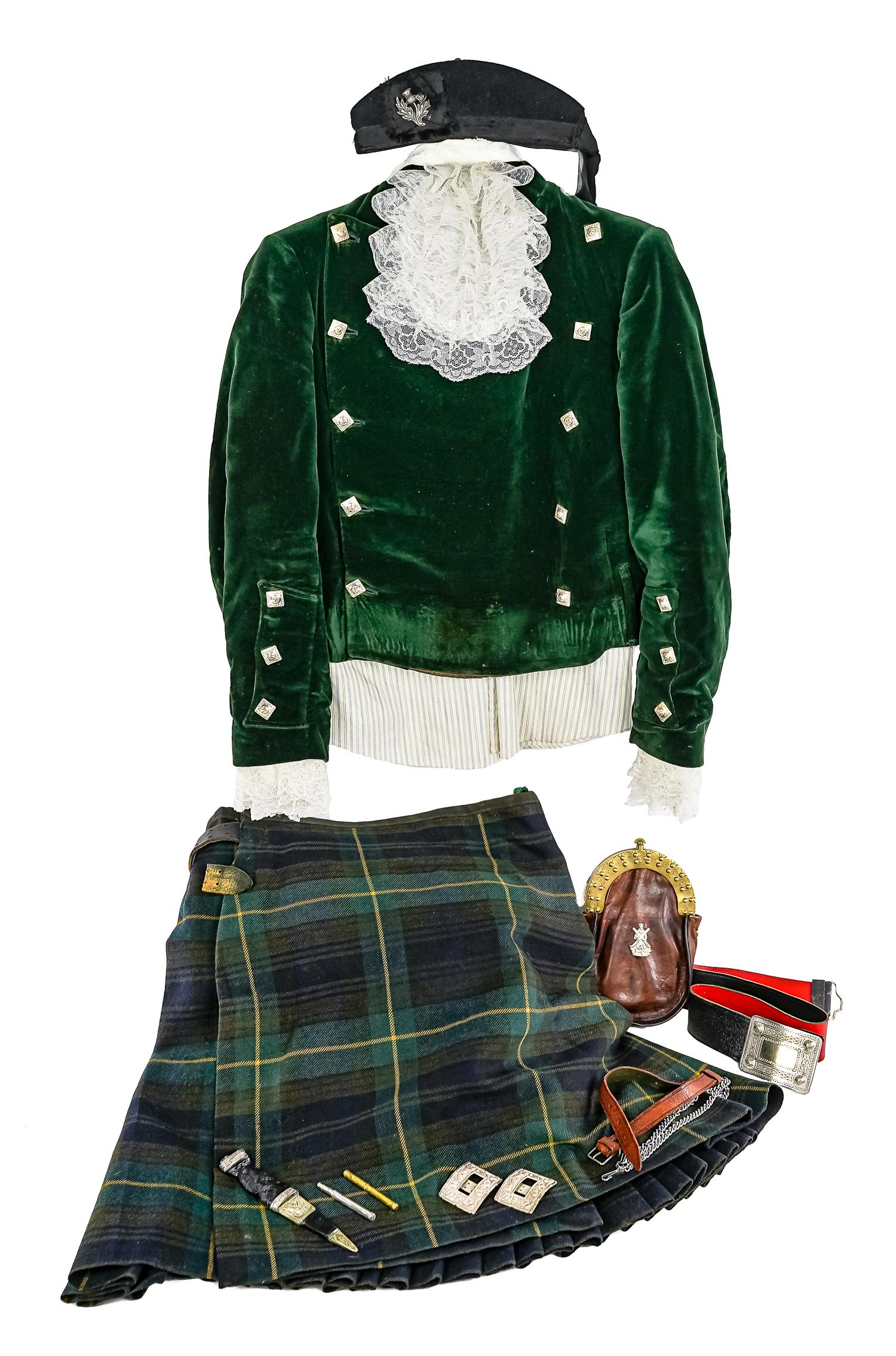 1950's Scottish Military Dress Uniform: 1950's Gordon Highlanders Scottish military dress uniform- kilt, green velvet coat, belt, dagger, hat, etc