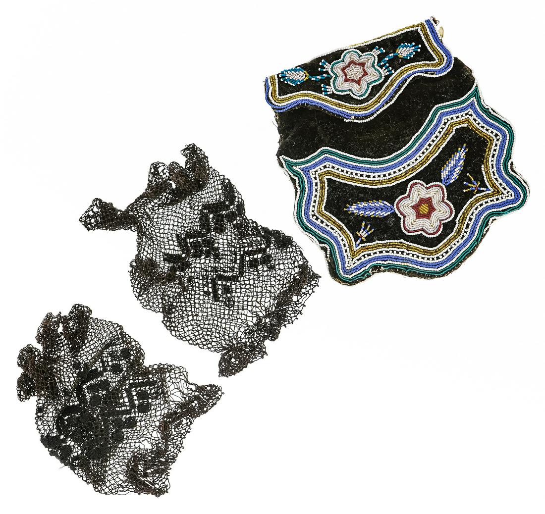 19th c NE Woodlands Beaded Bag: Late 19th c Northeast Woodlands beaded bag, very fine beadwork on dark velvet ground, edge losses, obvious signs of age and use, 5 1/2" x 5 1/2"