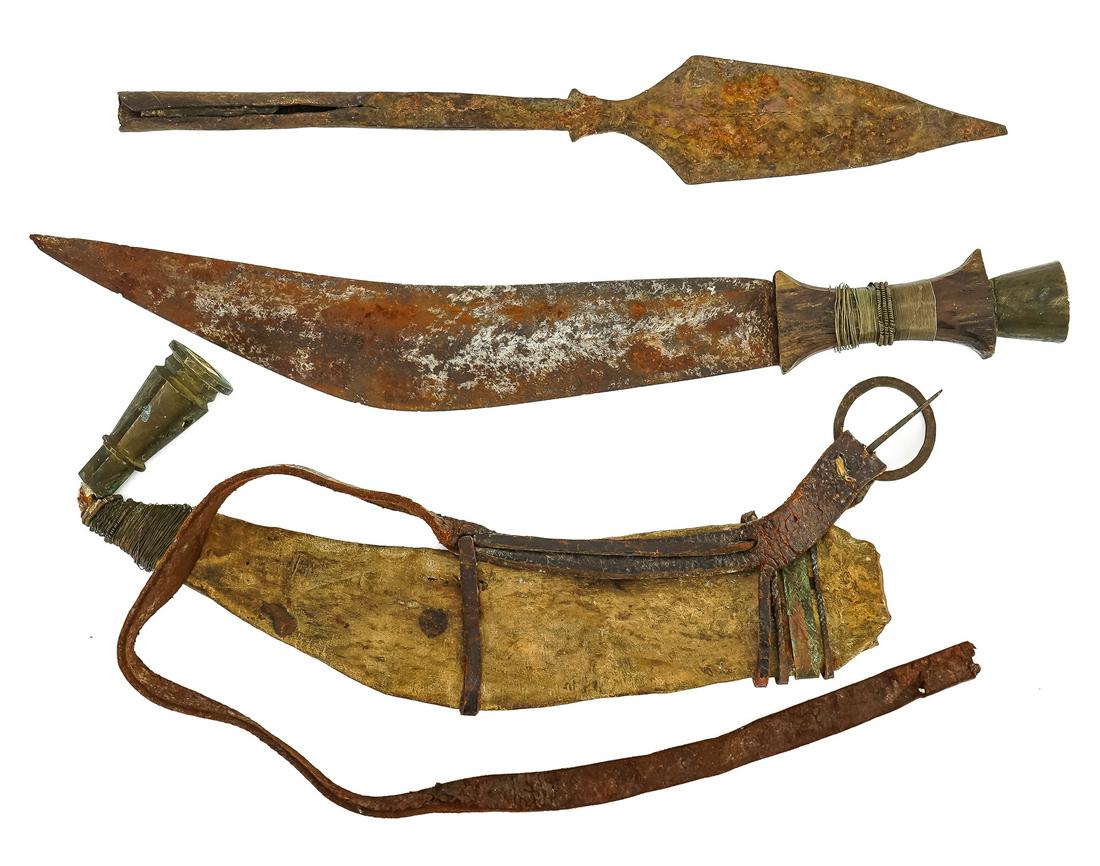 19th c North African Dagger & Spear: 19th c North African dagger with sheath and hand wrought socketed spear tip, lengths 15 1/2", 13 1/2"