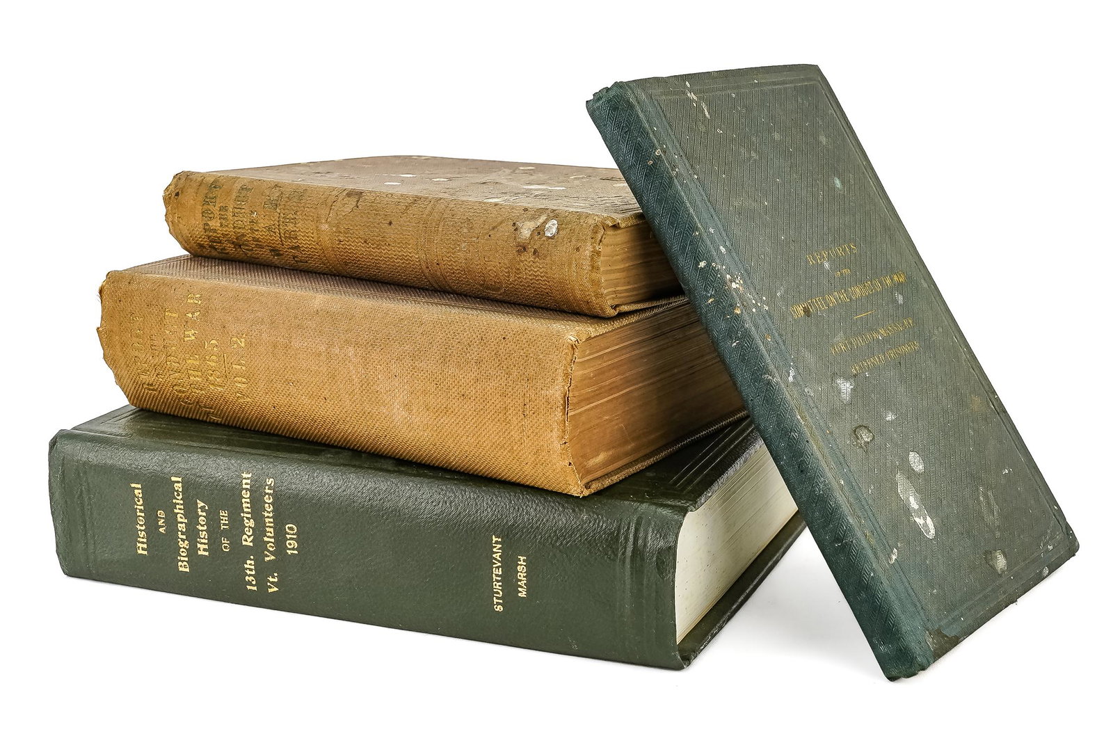 Vermont, Civil War Books: 1910 Sturtevant History of the 13th Regt, Vermont Volunteers (good condition), Reportson the Conduct of the War, including the Fort Pillow Massacre (stains on covers)