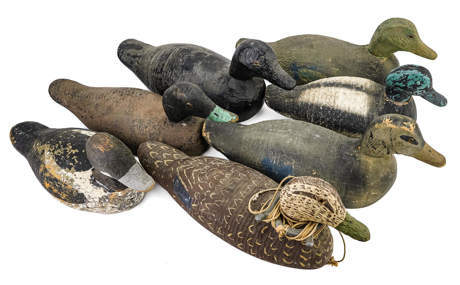 7 Animal Trap Co. Decoys: A group of 7 Animal Trap Co. or Victor decoys. Working birds, some in original paint.