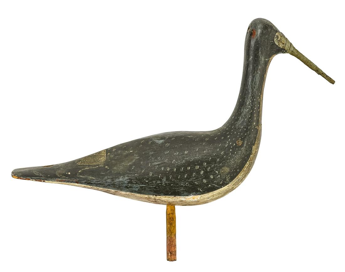 19th c Shorebird Decoy: 19th c Shore bird decoy in original paint decoration having a iron wrapped bill. Has tail hole. 11" long.
