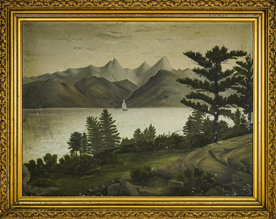 19th c. Oil on Canvas of Lake Champlain: 19th c. primitive oil on canvas Hudson River School landscape depicting a naieve view of Lake Champlain and the Adirondacks from Red Rocks Park South Burlington, in period gilt frame with old Essex Ju