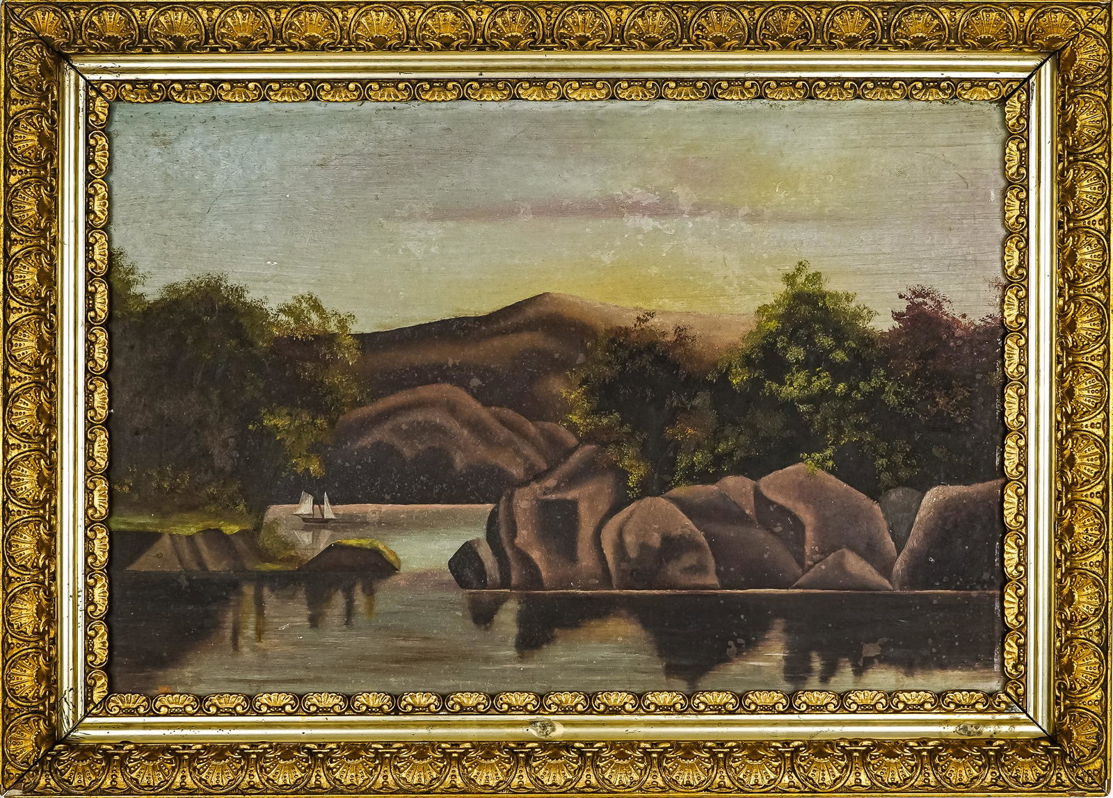 19th c. Oil on Board Hudson River Landscape: 19th c. Oil on Board Hudson River School landscape with ship near rock cliffs, in fine period gilt gesso Victorian frame 12.5" x 18.5", 16" x 22" as framed