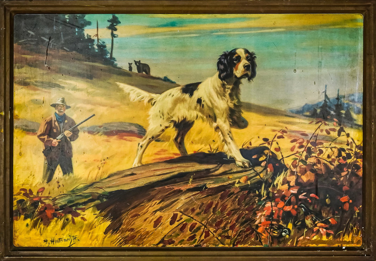 Henry Hintermeister Tin Litho Hunter Sign: ca. 1920 Tech Beer Pittsburgh Brewing Company self-framed tin litho breweriana sign with great graphics by illustrator Henry Hintermeister of sportsman hunter and his dog with quails in bush in lower 