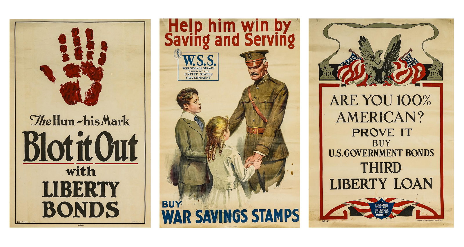 Group of 3 World War I Propaganda Posters: Group of 3 World War I Liberty Bond propaganda posters including "The Hun, His Mark, BLOT IT OUT!", "Help Him Win by Saving and Serving", and "Are You and American? Prove It", all in good unframed, ro