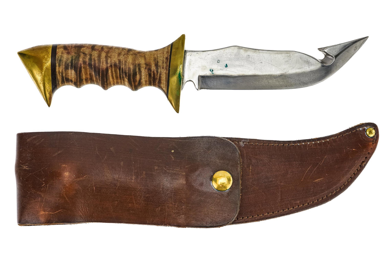 Guthook Hunting Knife: Guthook blade sheath knife with tiger maple handle, overall length 10 3/8"