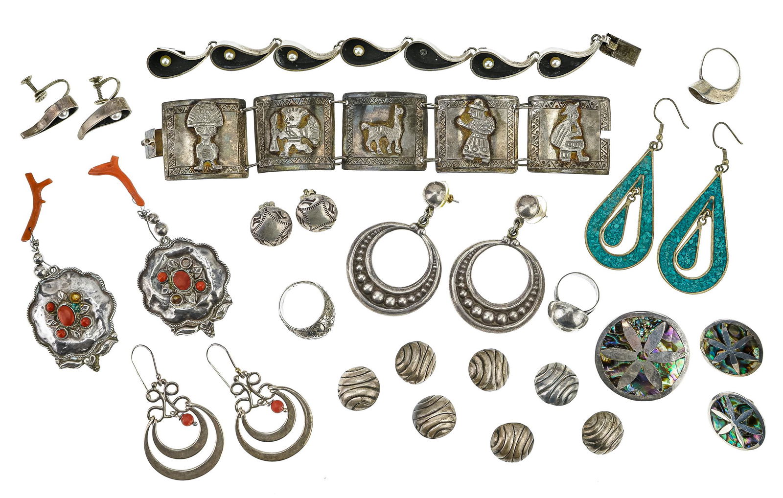 Mexican & Southwest Sterling Jewelry: A group of signed Mexico or southwest sterling jewelry. Including pearls, coral, lapis, & abalone.