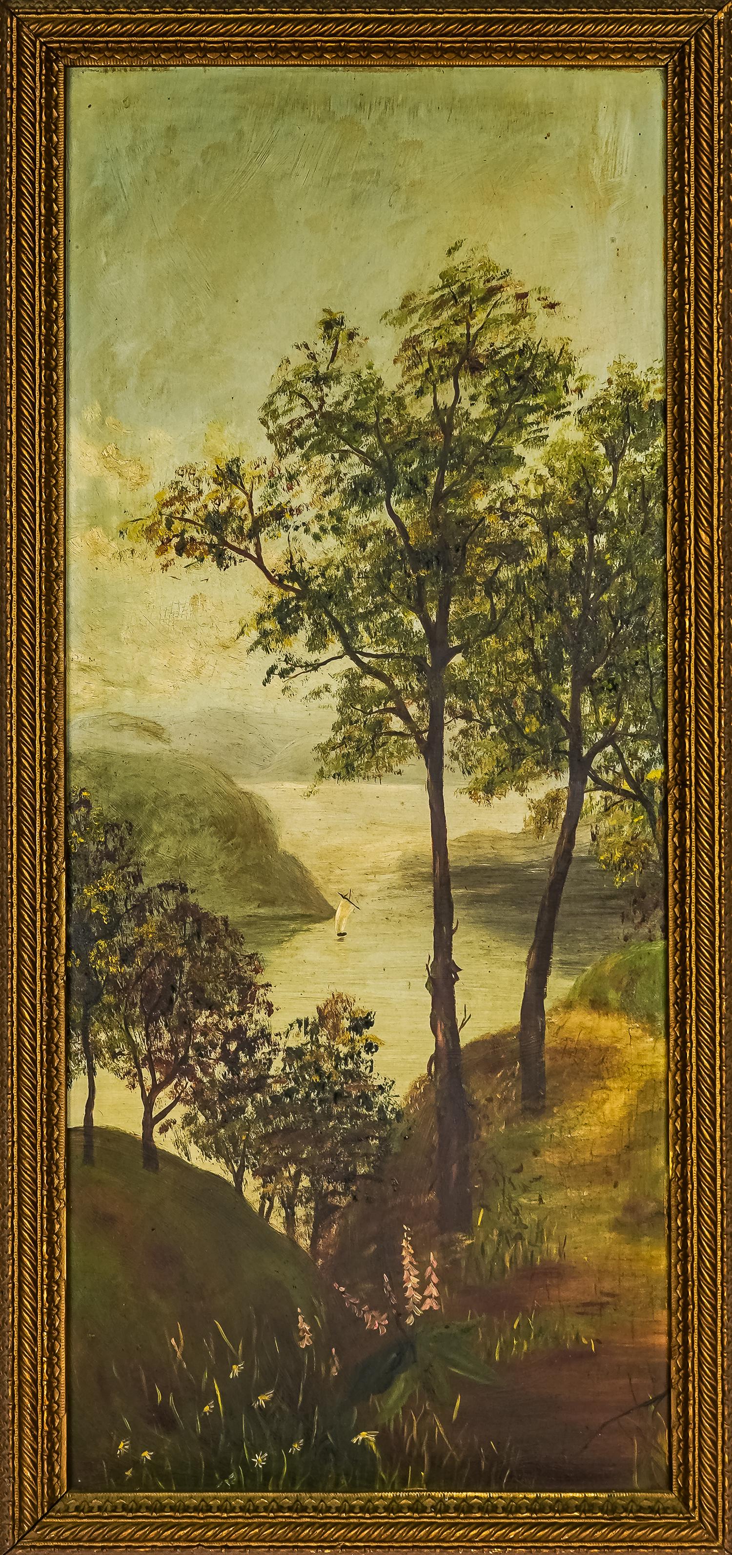 19th c. Oil on Board Hudson River Landscape: Narrow 19th c. oil on board primitive Hudson River School landscape in period Victorian gilt gesso frame 26" x 12"