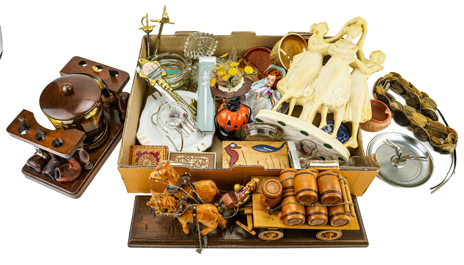 Group of Small Collectibles, Pipes, Tobacciana: Group of small collectibles including 1960's Howard Johnson, Holiday Inn and other motorist destination advertising ashtrays, group of estate pipes and humidor, seal skin belt, decorative boxes, small