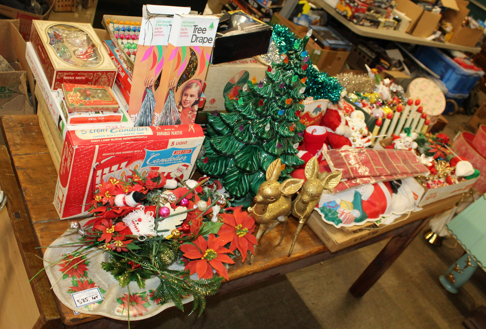 Large Collection of Vintage Christmas Decor: Large collection of vintage 1950s, 60s and 70s Christmas holiday decor including lighted ceramic Christmas tree, a group of fine Shiney-Brite type blown glass ornaments, electric candoliers, tinsel, n